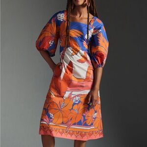 FARM Rio Blue and Orange Floral Midi Dress